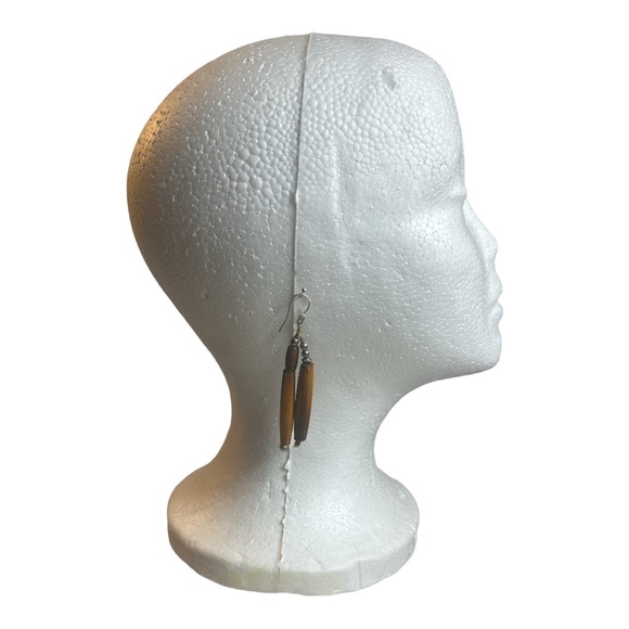 Native American Earrings Hairpipe Horn Bead Dangle Brown Handmade Silver Tone - Picture 4 of 4